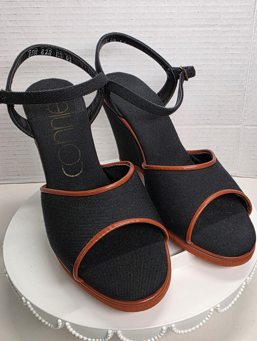 Vintage Connie Black Ankle Strap Heels Red Trim 5.5 Costume Play